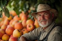 Senior Caucasian farmer with white beard and hat smiling near fresh harvested apples in orchard, natural lighting and bokeh background creates warm autumn mood.