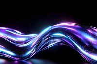 Glowing neon waves with purple and blue light trails on black background create dynamic motion effect with sparkles and energy flow abstract design.