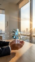 Businessman holding glowing digital human hologram with network connections in modern office with city skyline view at sunset, representing healthcare technology and innovation.