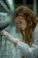 Young female scientist in white lab coat and protective gloves working with laboratory glassware and equipment during research experiment in modern facility.