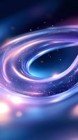 Glowing spiral light trails with sparkles on dark blue background create cosmic atmosphere. Pink and blue energy waves flow through starry space.