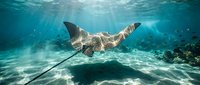 Stingray gliding gracefully through crystal clear turquoise waters with sunbeams filtering down, creating magical underwater lighting patterns on sandy ocean floor.