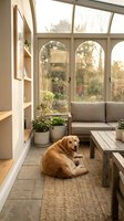 Golden retriever resting on a jute rug in a bright sunroom with arched windows, neutral furniture, potted plants, and garden views.
