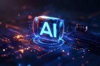 Futuristic AI hologram projection on circuit board with glowing blue light effects and digital technology elements, suitable for artificial intelligence concepts.