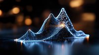 Glowing mountain peaks visualization with sparkles and light reflections on dark background creates mystical atmosphere for fantasy and digital art projects.