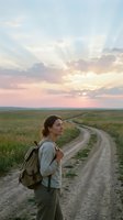 Young woman with brown hair, Caucasian ethnicity, wearing backpack and casual clothing, standing on rural dirt road through green field at sunset with dramatic sky and clouds.