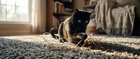 Black cat playing with rope toy on carpet in cozy home interior with natural window light, suitable for pet care, lifestyle, and home decor content.