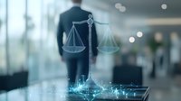 Digital scales of justice emerging from tablet with businessman in background, representing legal technology and modern law practice in corporate setting.
