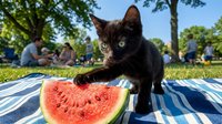 Black cat with green eyes reaching toward fresh watermelon slice on striped blanket in sunny park setting with people and trees in background. Summer outdoor picnic scene.