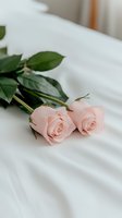 Two delicate pink roses with green leaves lying on white fabric with soft shadows, creating romantic minimalist composition for wedding and celebration designs.