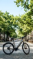 Electric bike parked on tree-lined urban street with pedestrians and cafes in background. Urban commuting and sustainable transportation concept.