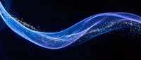 Abstract blue energy wave with sparkling particles flowing across dark background for digital technology and futuristic design projects.