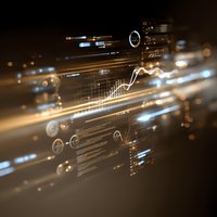 Digital data visualization with glowing charts and analytics floating in space with golden light streaks and bokeh effects for business presentations.