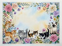 Watercolor floral frame with cute kittens, roses, butterflies, and hearts, soft pastel tones, copy space in center for text or greeting cards.