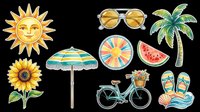 Cheerful sun character with sunglasses, sunflower, beach umbrella, beach wheel, watermelon slice, palm tree, bicycle, flip-flops and wave design isolated on transparent background. Ready for t-shirt designs, stickers, clipart and print-on-demand products.