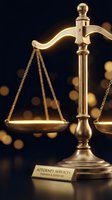 Golden scales of justice with attorney services plaque on dark background with warm bokeh lights for legal and law firm concepts.