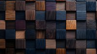 Wooden mosaic wall panel with dark blue and brown square blocks creating geometric pattern texture, modern interior design element for luxury spaces.