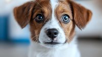 Close up portrait of brown and white mixed breed puppy with striking blue eyes looking directly at camera against blurred background. For pet photography and animal care.