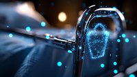 Digital lock with glowing blue holographic padlock symbol on dark background, representing cybersecurity and data protection in modern technology.