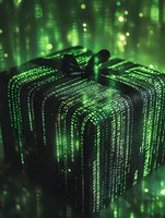 Digital gift box wrapped in glowing green binary code matrix pattern against dark background with streaming data effects and light bokeh.
