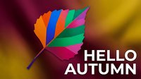 Colorful autumn leaf with vibrant stripes in orange, blue, red, green, and pink against warm gradient background. Seasonal greeting design.