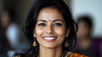 Young South Asian woman with bindi and jhumka earrings smiling confidently against blurred background, representing cultural heritage and modern femininity.