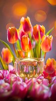 Vibrant red and yellow tulips arranged in clear glass vase with water, surrounded by pink blooms and warm bokeh background, suitable for spring floral designs and greeting cards.
