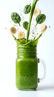 Green smoothie splash with fresh spinach leaves and banana slices flying from mason jar on white background for healthy nutrition and detox concepts.