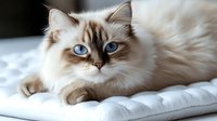 Close up portrait of ragdoll cat with striking blue eyes lying on white cushion, long fur in cream and brown colors showing distinctive breed features.