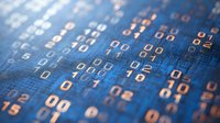 Binary code pattern on blue circuit board background with copper digits representing digital data for technology and programming concepts.