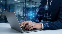 Professional businessman using laptop with AI artificial intelligence network overlay in modern office environment for digital transformation and automation.
