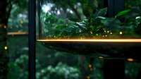 Glowing garden shelf with lush green plants and bokeh lights creates magical atmosphere in evening outdoor space. Natural decor elements blend with modern design.