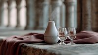 White essential oil diffuser and two empty wine glasses on stone surface with burgundy fabric and blurred gothic architecture columns in background, moody atmospheric lighting.
