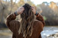 Young woman in brown knit sweater running fingers through long wavy blonde hair outdoors in autumn setting near water, back view showing natural hairstyling moment.