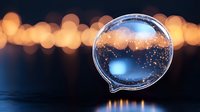 Magical soap bubble floating in dark space with bokeh lights background reflecting golden sparkles and city lights creates dreamy atmosphere.