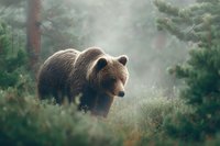 Brown bear walking through misty forest with pine trees and morning fog creating atmospheric wildlife scene for nature photography and outdoor adventure content.