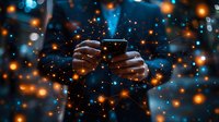 Hands holding smartphone in dark with magical glowing orange and blue bokeh lights creating dreamy atmosphere. Social media concept with sparkle effect.