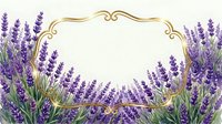Lavender flowers frame with golden ornate border on cream background. Floral botanical design for wedding invitations, greeting cards and decorative projects.