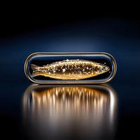 Golden sardine in metal tin can with reflection on dark background, dramatic studio lighting creates luxury seafood presentation effect.