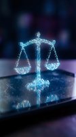 Glowing digital scales of justice symbol made of bright cyan pixels on dark surface with blurred bokeh background, representing law, legal services, fairness, and digital technology for law firms.