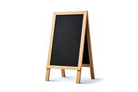 Empty wooden a-frame chalkboard menu stand with black surface isolated on white background for restaurant, cafe, or retail display purposes.