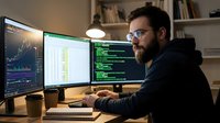 Male developer with dark hair and beard, wearing glasses and black hoodie, working at desk with multiple monitors displaying code and financial charts, coffee cup nearby, bookshelf background, suitable for tech, programming, finance and startup content.