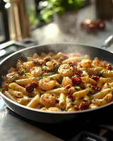 Steaming penne pasta with shrimp and sun-dried tomatoes in creamy sauce garnished with fresh herbs, served in black skillet on marble counter in natural light.