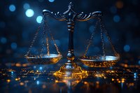 Decorative scales of justice with golden glow on dark blue bokeh background, symbol of law and legal system, dramatic lighting creates mystical atmosphere.