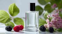 Elegant perfume bottle with fresh berries and pink flowers, showcasing natural fragrance ingredients against soft green foliage background.