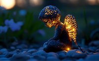 Glowing garden angel sculpture on pebbles at dusk creates magical atmosphere with warm light shining through decorative wing patterns against dark background.
