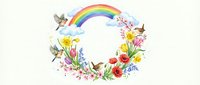 Floral wreath with rainbow and hummingbirds on white background. Spring garden flowers frame with colorful birds. Isolated design element for greeting cards.