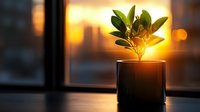 Small green plant growing in black pot on windowsill at sunset with warm golden light and bokeh background, creating peaceful home atmosphere.