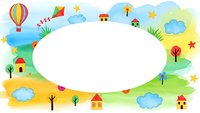 Colorful cartoon landscape frame with houses, trees, hot air balloon, kite and clouds creating oval white space for text or design elements.