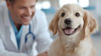 Smiling golden retriever puppy at veterinary checkup with male doctor in white coat and stethoscope, healthcare and pet wellness concept.